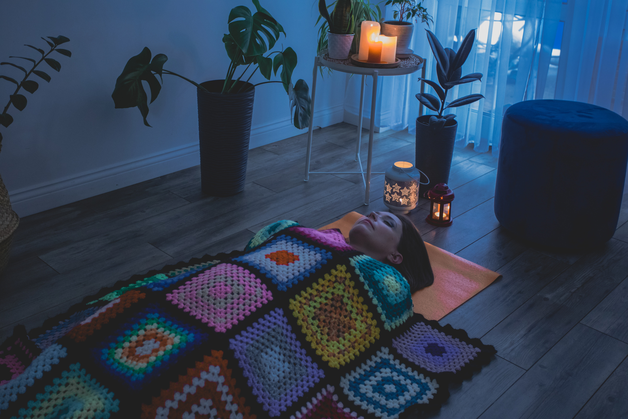 Woman Lying in Shavasana, Resting after Yoga Practice